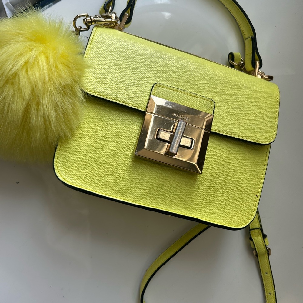 Aldo Neon Yellow Structured Crossbody with Gold Hardware and Pom Pom